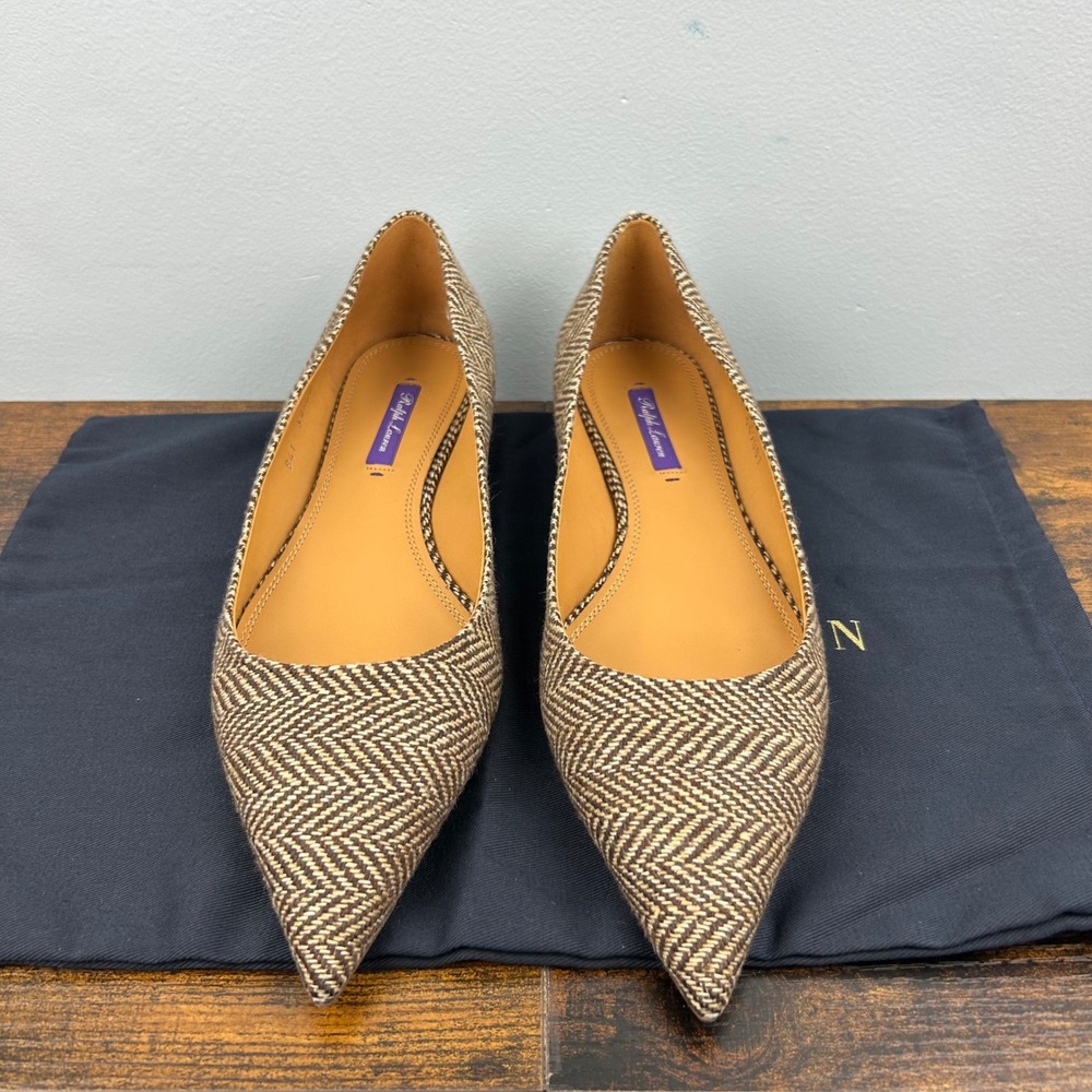 Ralph Lauren Purple Label Herringbone Wool Pointed Toe Flats Brown Tan Italy 41B